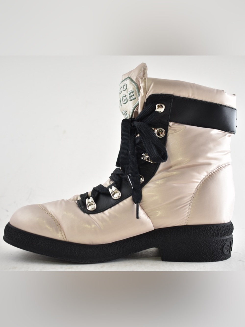 Chanel 18B Coco Neige Pink Black CC Logo Snow Winter Lace Up Tie Combat Boots 37 - Picture 11 of 16